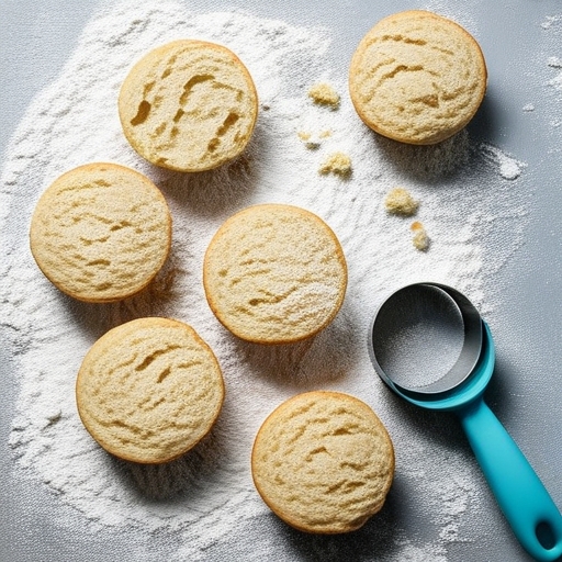 Cut sourdough muffins on a floured surface with a biscuit cutter beside them.