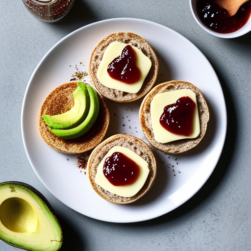 A plate of toasted English muffins topped with butter and jam.