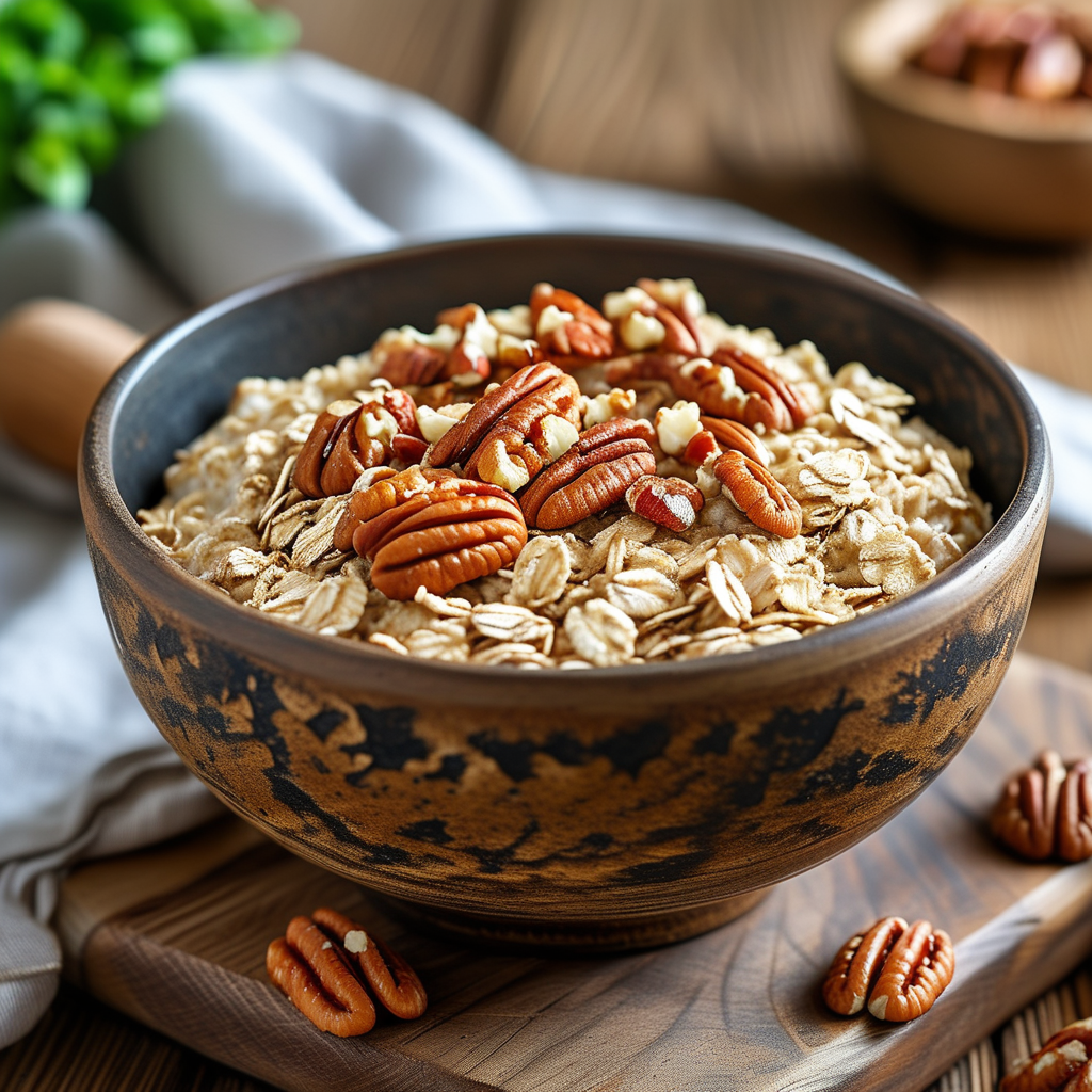 A bowl of oatmeal with pecans scattered on top
