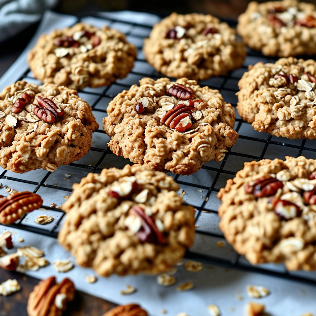 Freshly baked oatmeal pecan cookies cooling on a baking rack