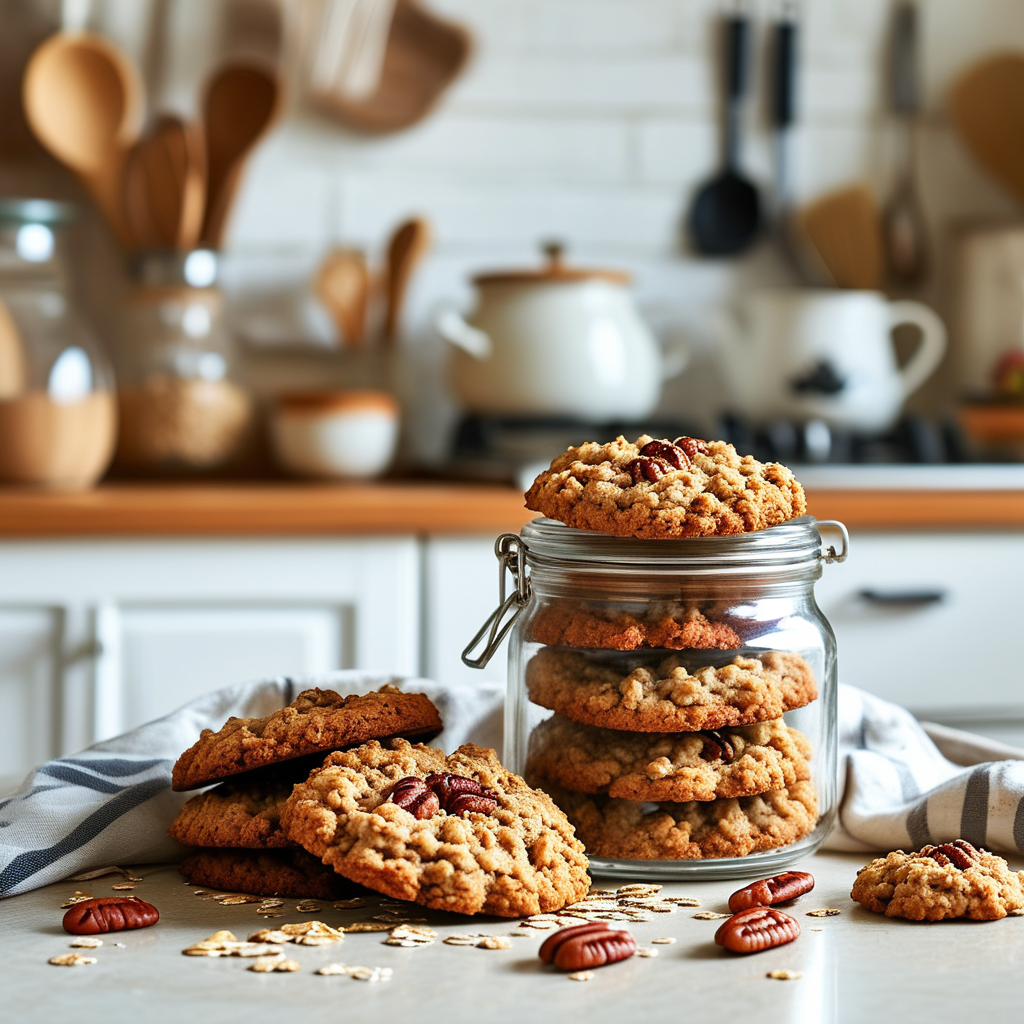 Stored oatmeal pecan cookies in an airtight container