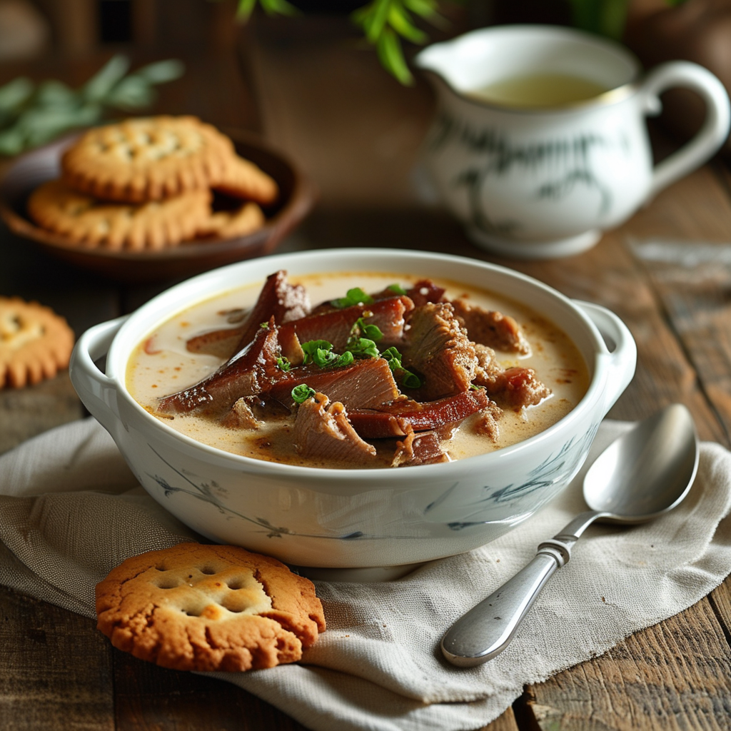 A warm bowl of creamy sawmill gravy served over freshly baked biscuits, surrounded by a rustic table setting with Southern-style tableware.