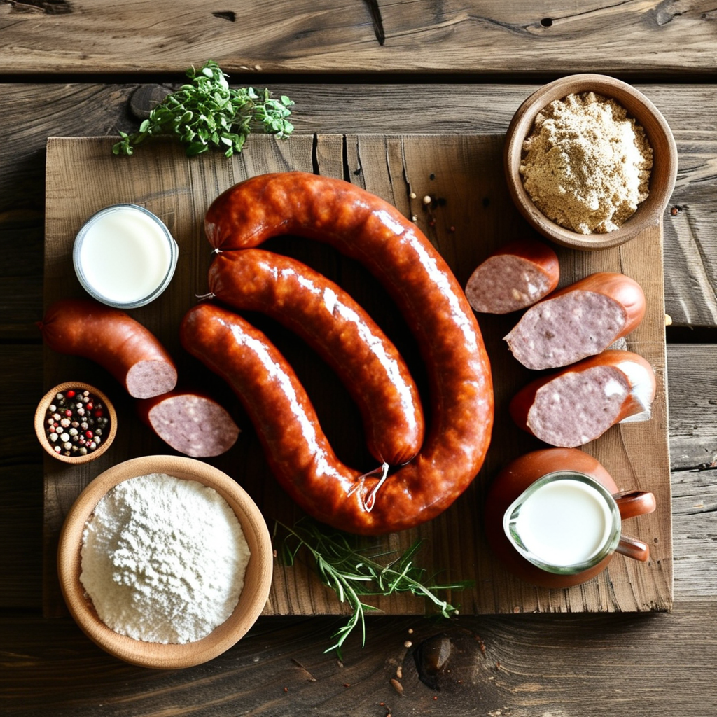 An aerial view of the ingredients for sawmill gravy arranged on a wooden countertop: sausage, flour, milk, salt, and pepper.