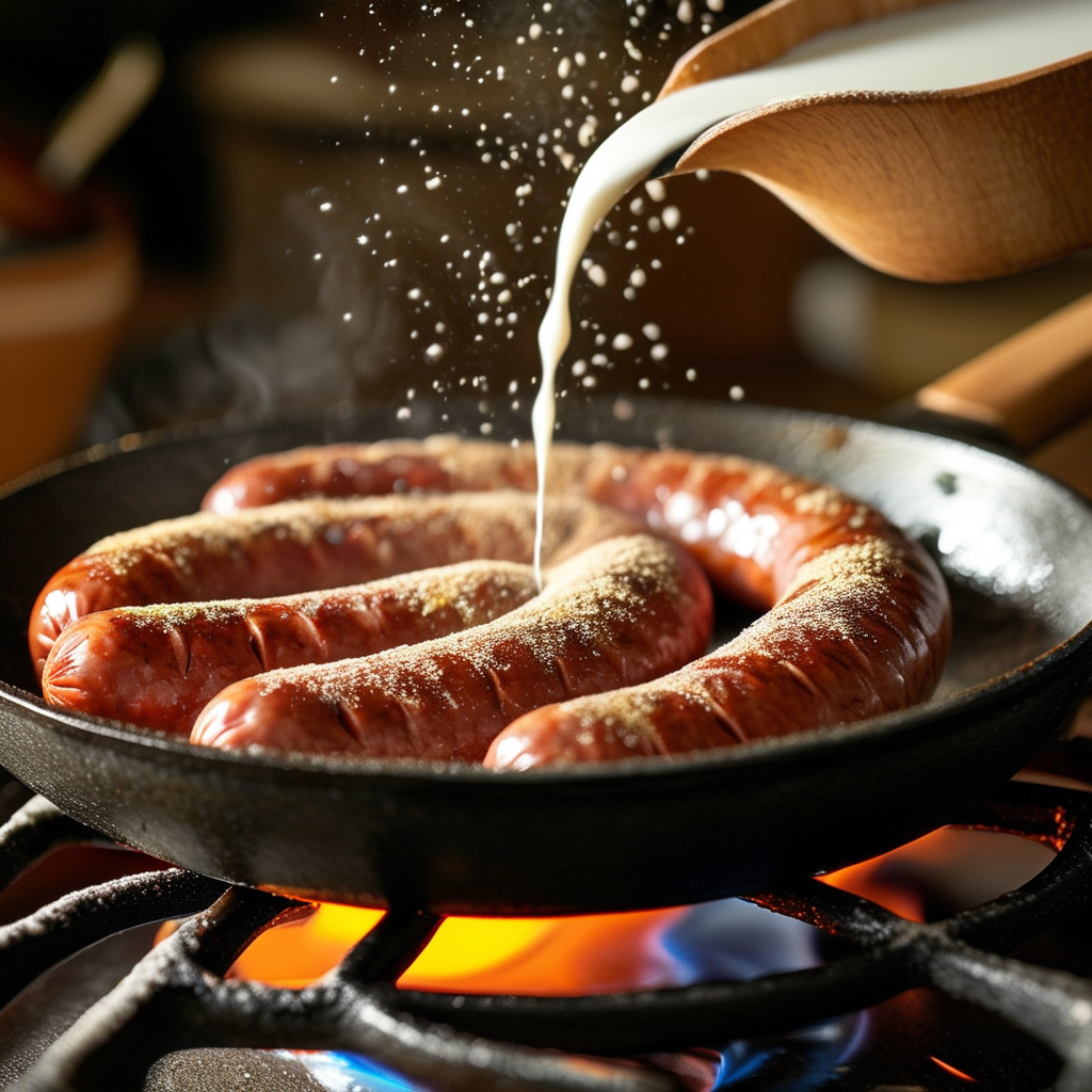 A close-up of a skillet on a stove showing the process of cooking sausage, with flour sprinkled on top and milk being poured in, emphasizing the textures.