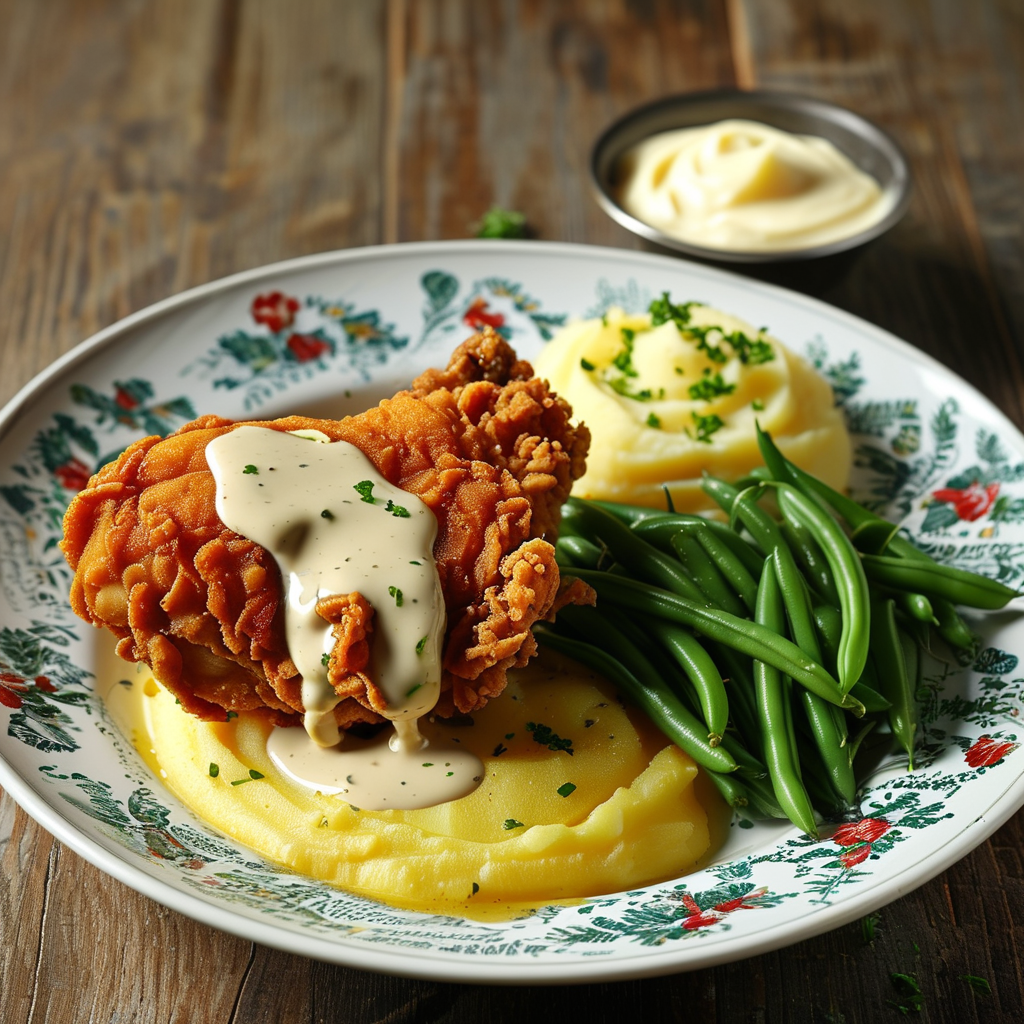 A beautiful plate of fried chicken smothered in sawmill gravy, served with a side of buttery mashed potatoes and green beans on a vintage plate.