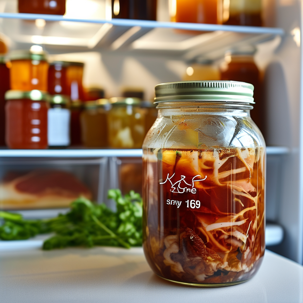 A glass container filled with leftover sawmill gravy in a refrigerator, indicating freshness and storage tips, with a label on the container.
