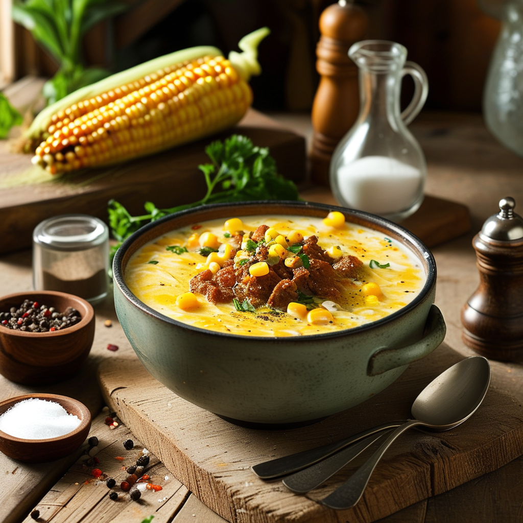 A bowl of creamy corn meal gravy, surrounded by ingredients like cornmeal, water, and seasonings.