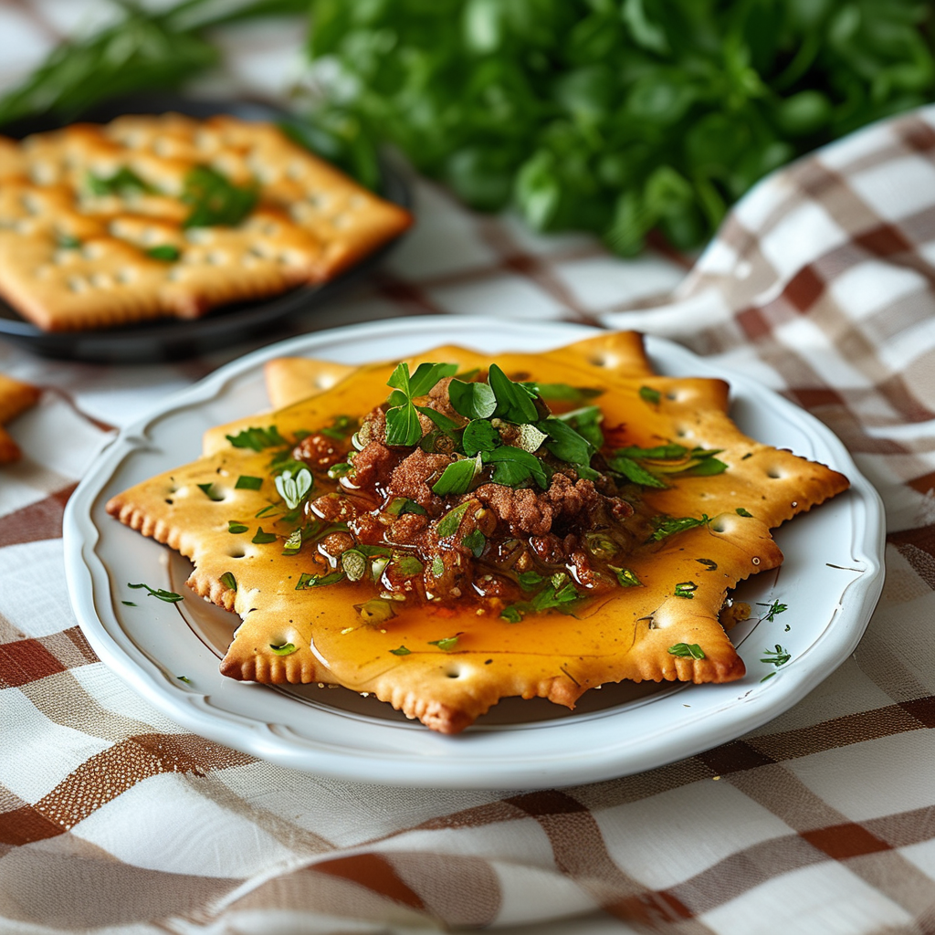A serving suggestion of corn meal gravy on flaky biscuits, garnished with fresh herbs.