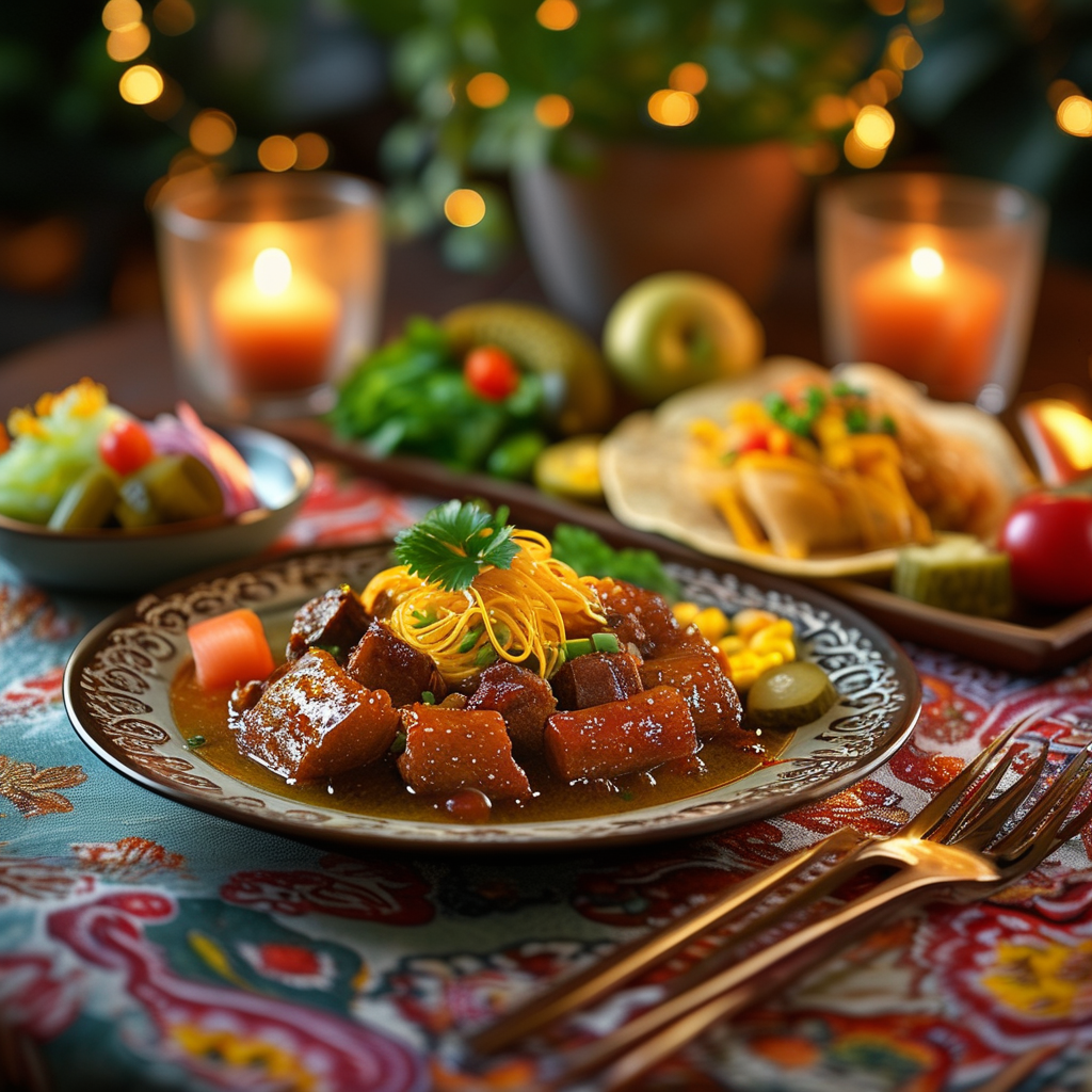 A beautifully presented serving of corn meal gravy alongside fruits and pickles, showcasing an elevated serving experience.