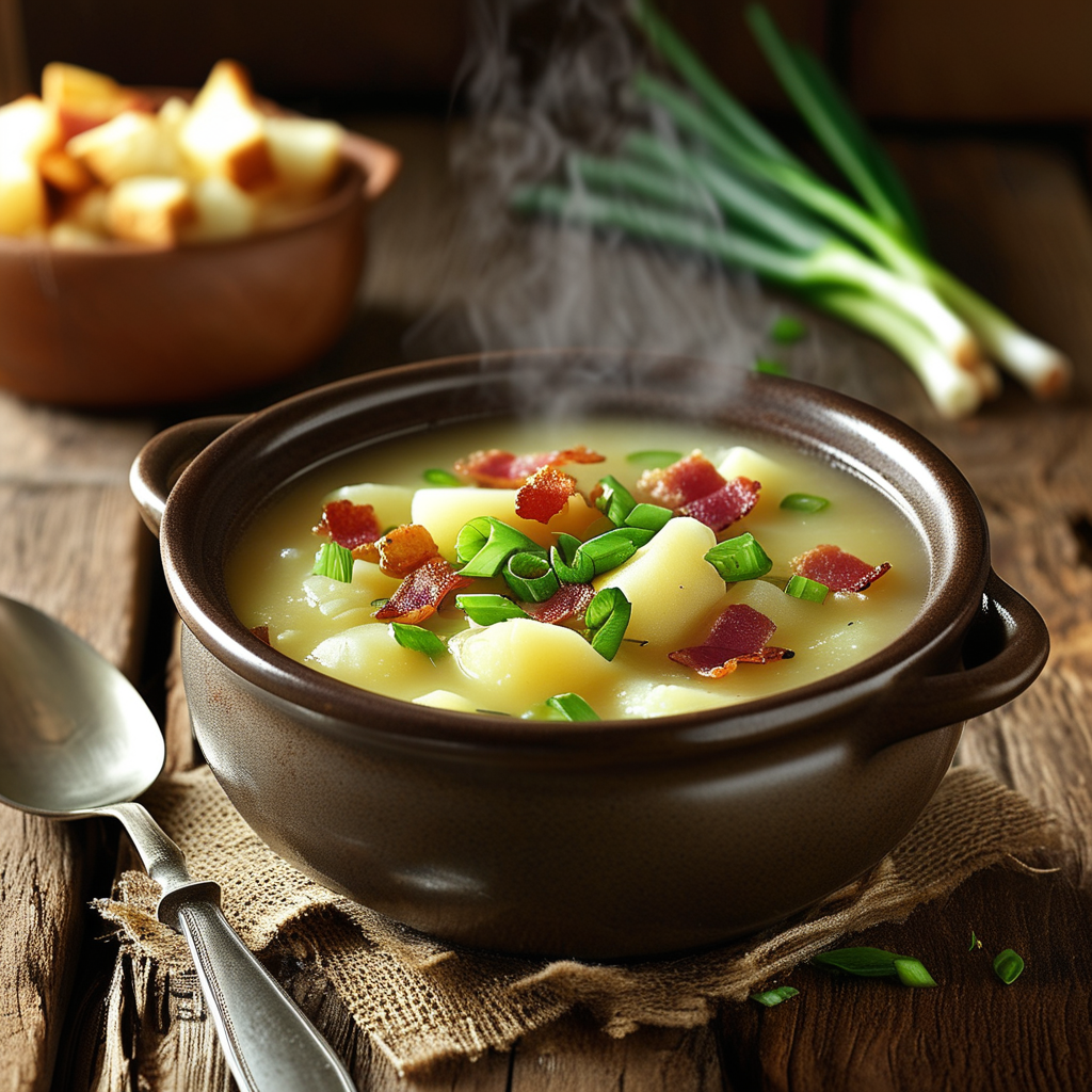 A warm, steaming bowl of crock pot potato soup garnished with chopped green onions and crumbled bacon, placed on a rustic wooden table.