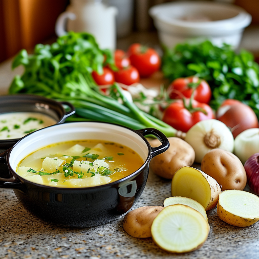 A close-up view of the ingredients for the soup including frozen hash browns, chicken broth, and various vegetables arranged on a kitchen countertop.