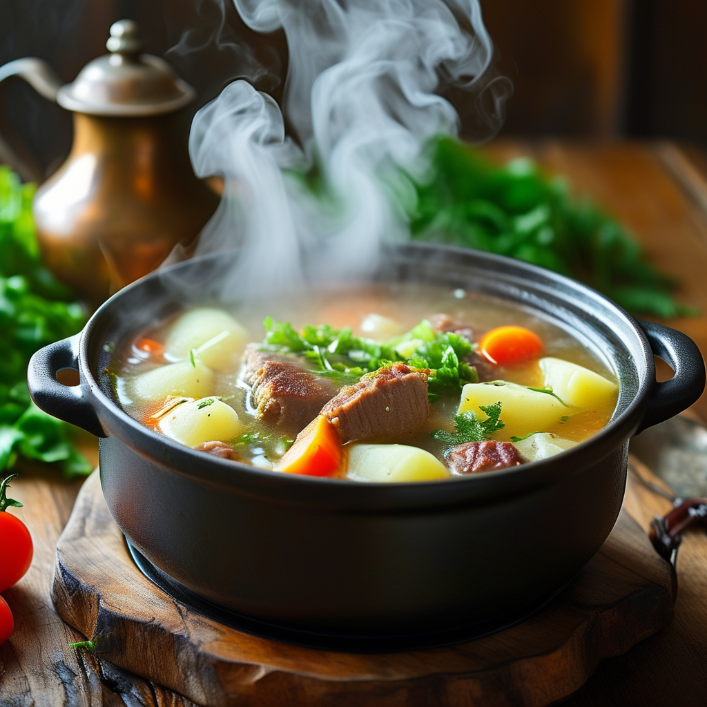 A crock pot filled with hash browns, broth, and vegetables cooking, showing the steam rising and the ingredients blending together.