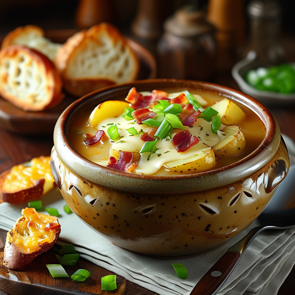 A loaded baked potato soup served in a bowl, topped with cheese, green onions, and bacon, on a table with crusty rolls on the side.