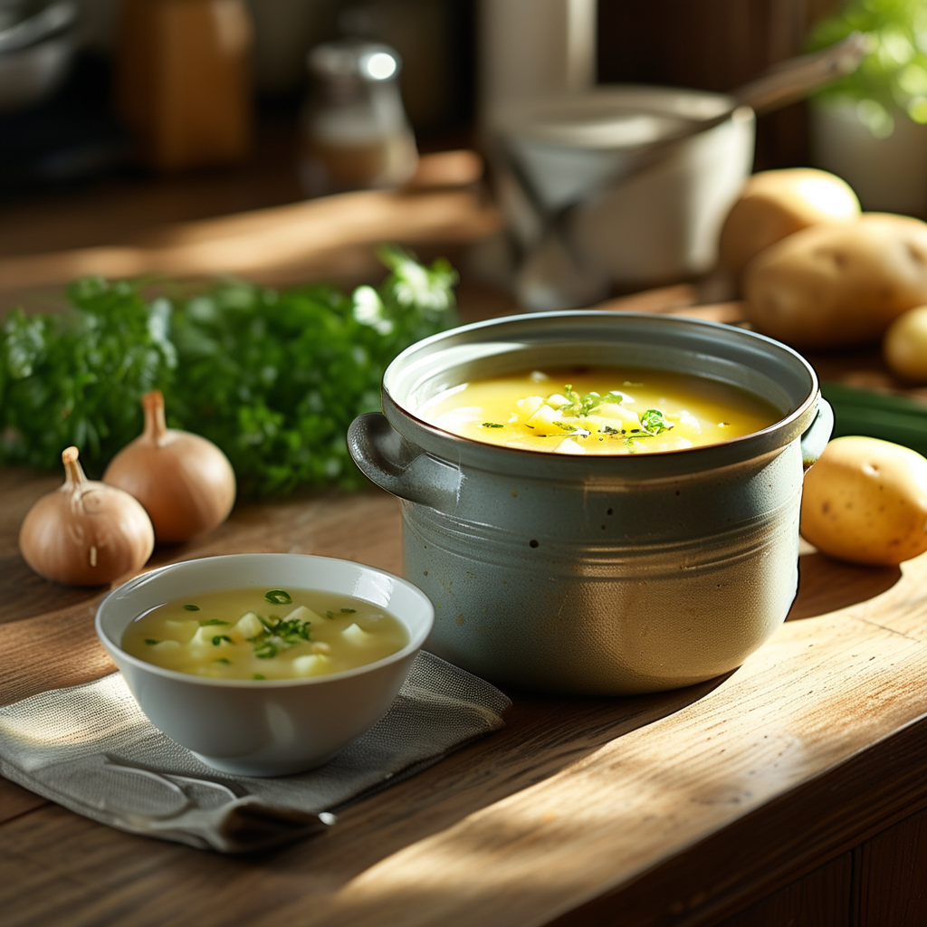 A peaceful kitchen scene showing airtight containers and a bowl of potato soup, illustrating how to store leftovers.