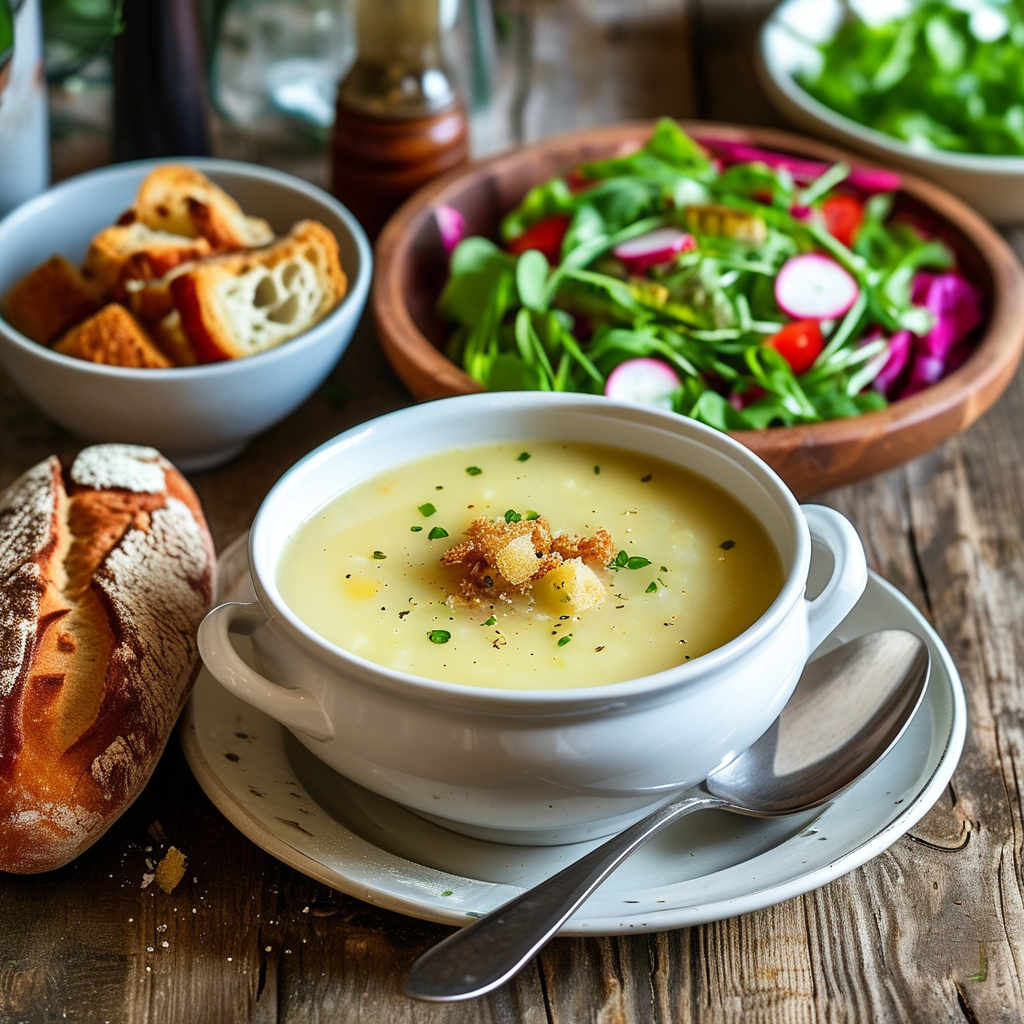 Bowl of Soup with Bread and Salad