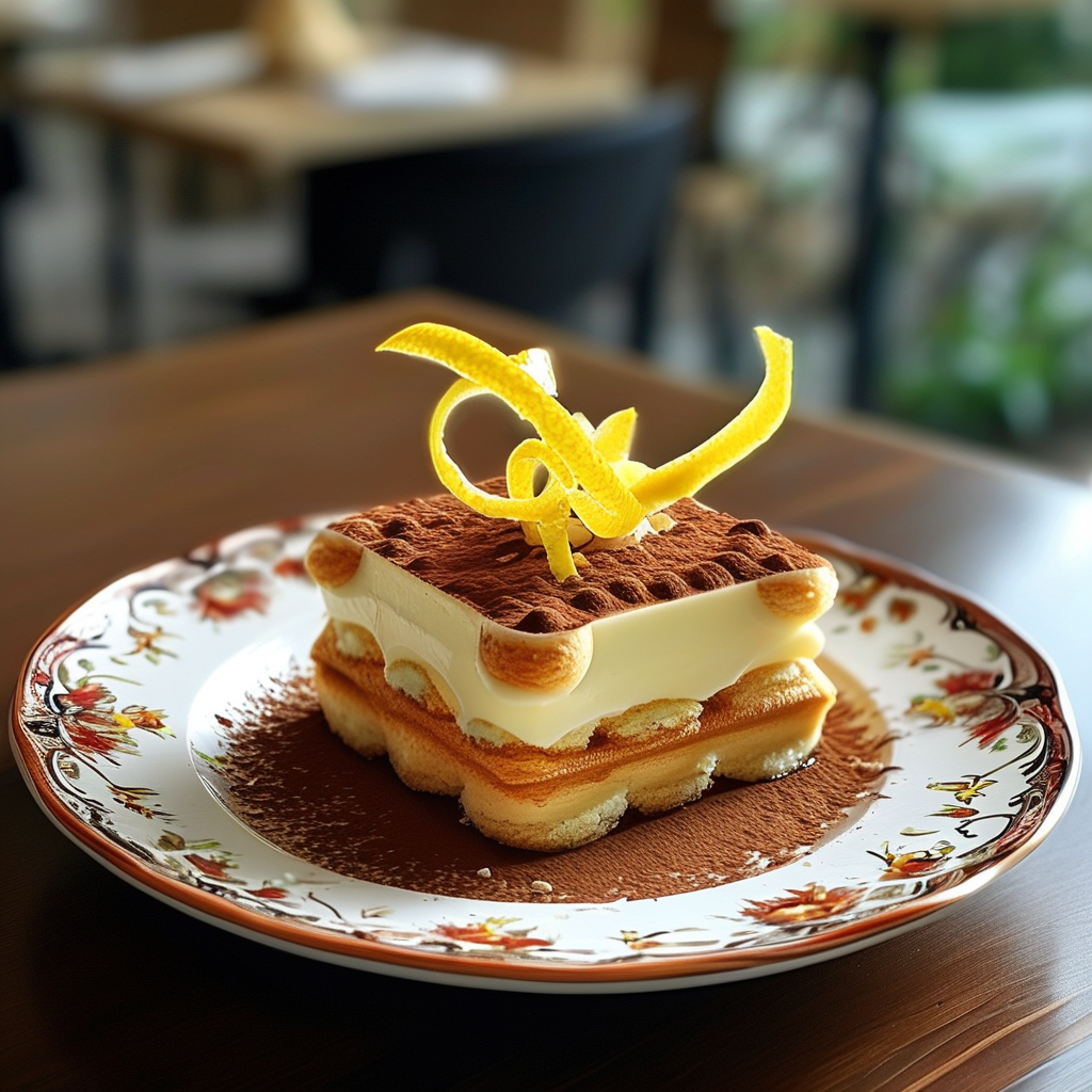 Beautifully presented dessert in elegant glassware adorned with lemon zest and fresh berries