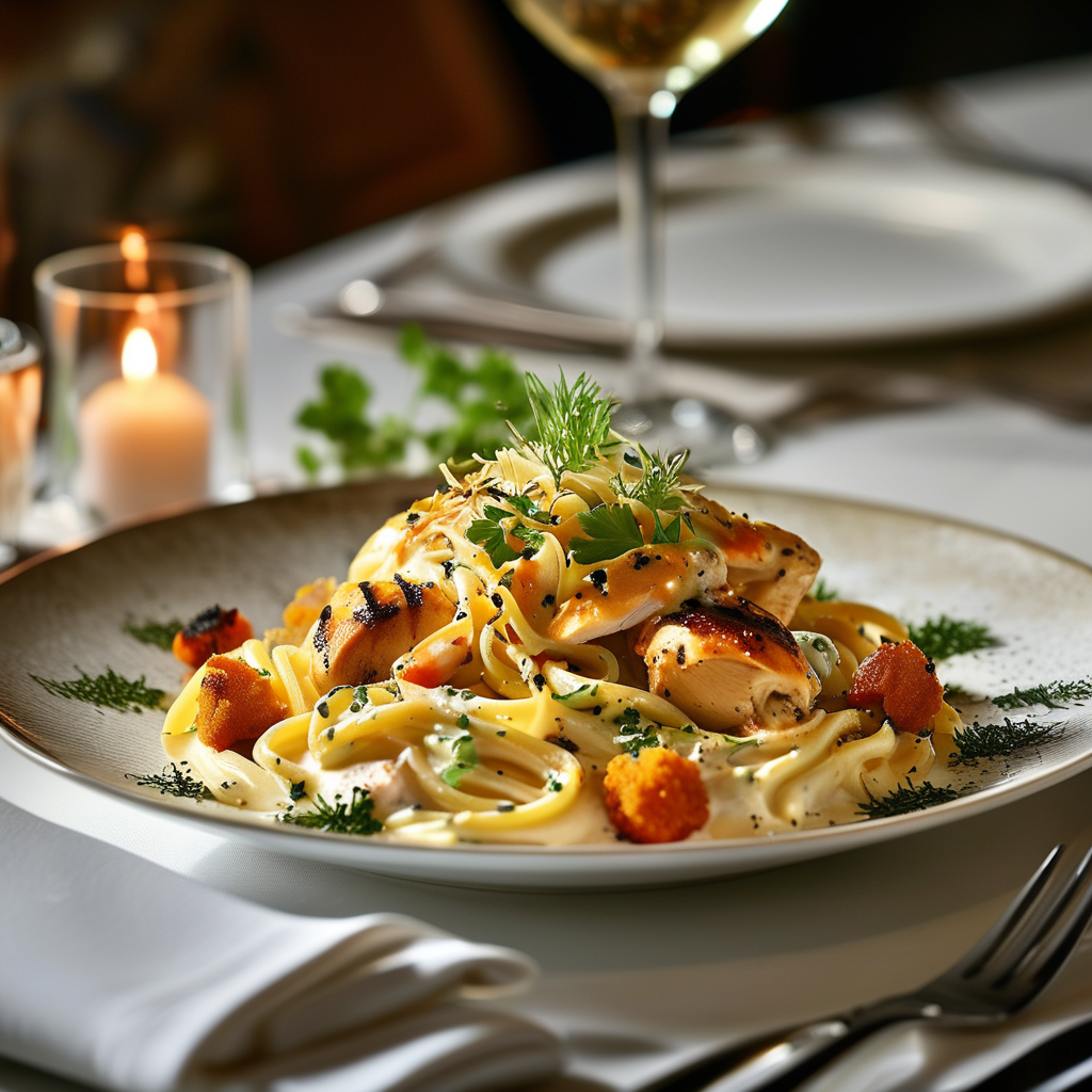 A beautifully plated dish of Pasta and Rotisserie Chicken