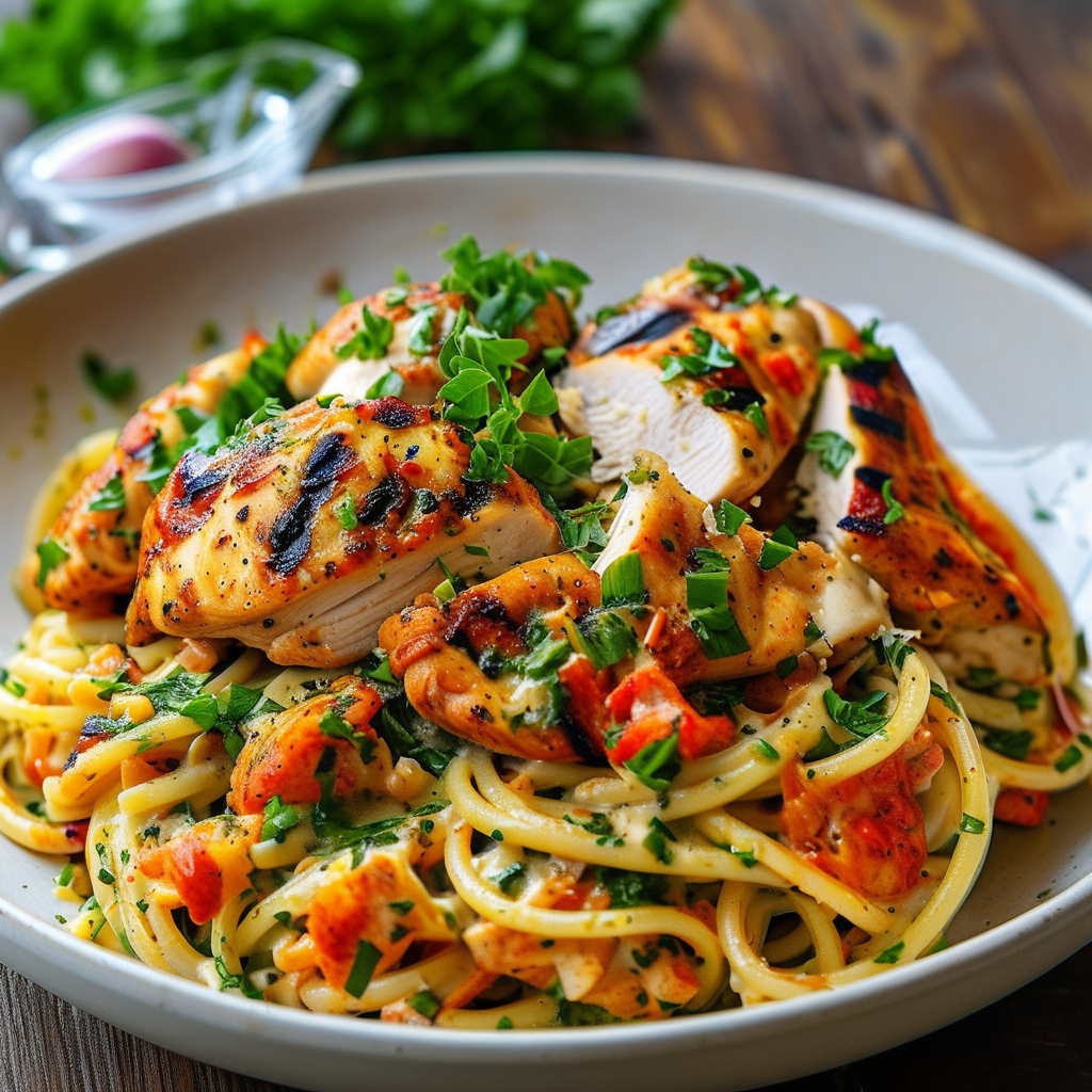 A vibrant dish of Garlic and Herb Rotisserie Chicken Pasta