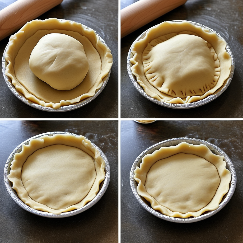 Step-by-step images illustrating the process of making a classic pie crust, including mixing ingredients, rolling out dough, and the final crust in a pie dish.