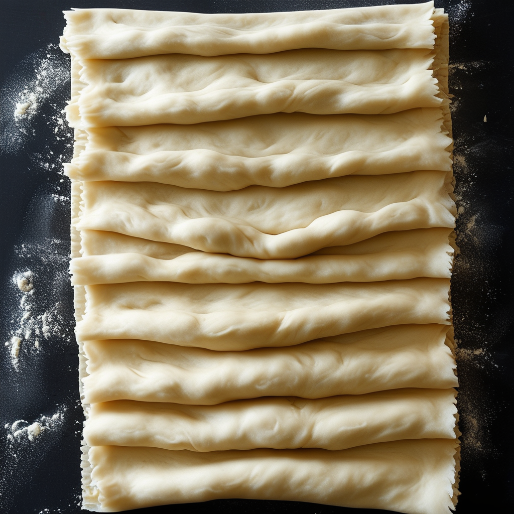 A visual representation of puff pastry's lamination process, showing layers of dough being folded and rolled out.
