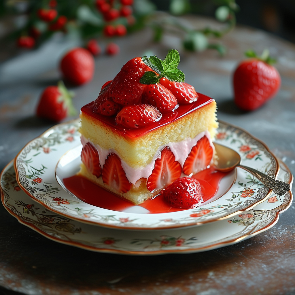 Plated dessert featuring strawberry fruit filling