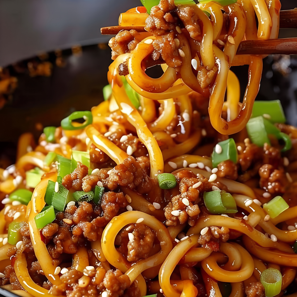 A beautifully plated serving of Mongolian Ground Beef Noodles topped with vibrant sliced green onions