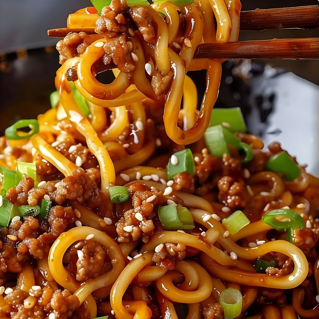 A final plated dish of Mongolian Ground Beef Noodles