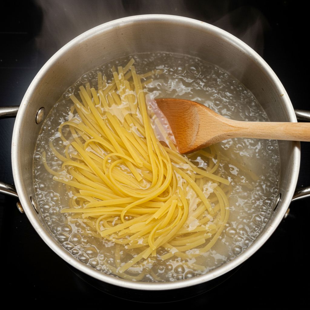 A large pot of boiling water with linguine pasta being added