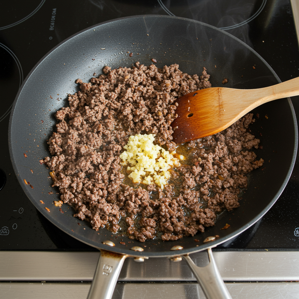 A large skillet on a stovetop with ground beef browning