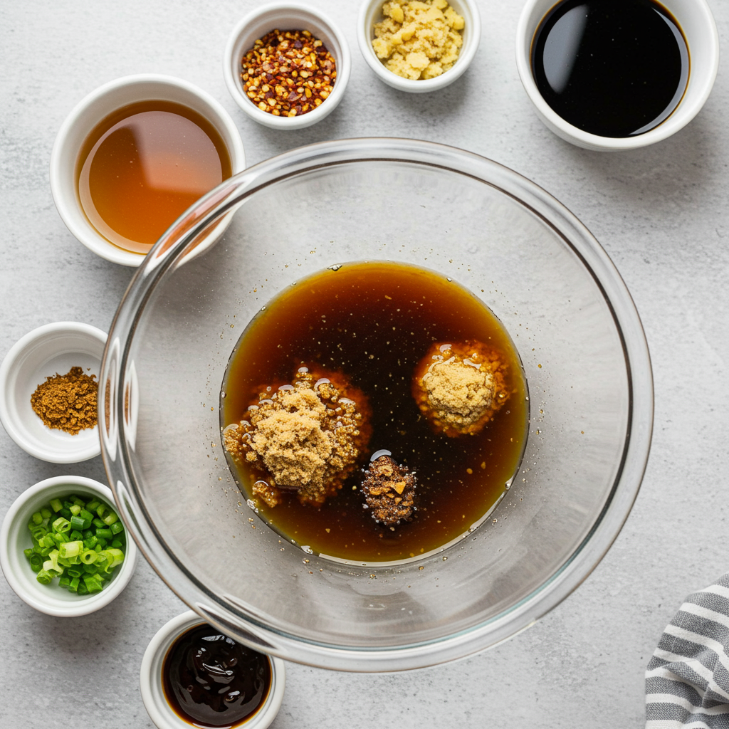 A close-up of sauce ingredients like soy sauce, hoisin, and brown sugar