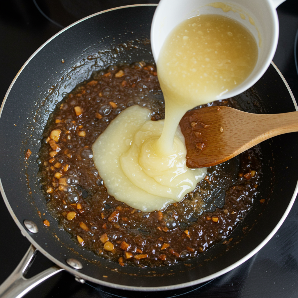 A skillet with bubbling sauce being thickened with a cornstarch slurry