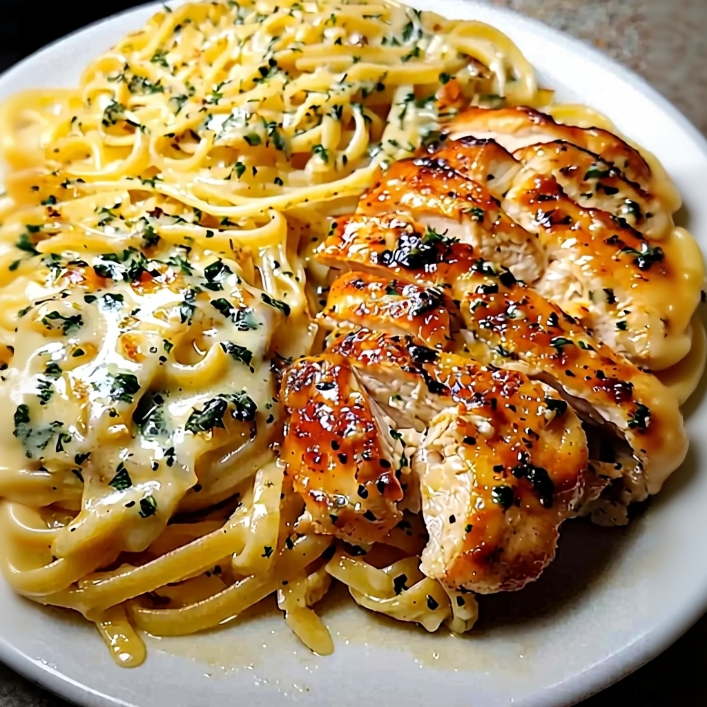 Creamy Garlic Parmesan Cheddar Chicken Linguine