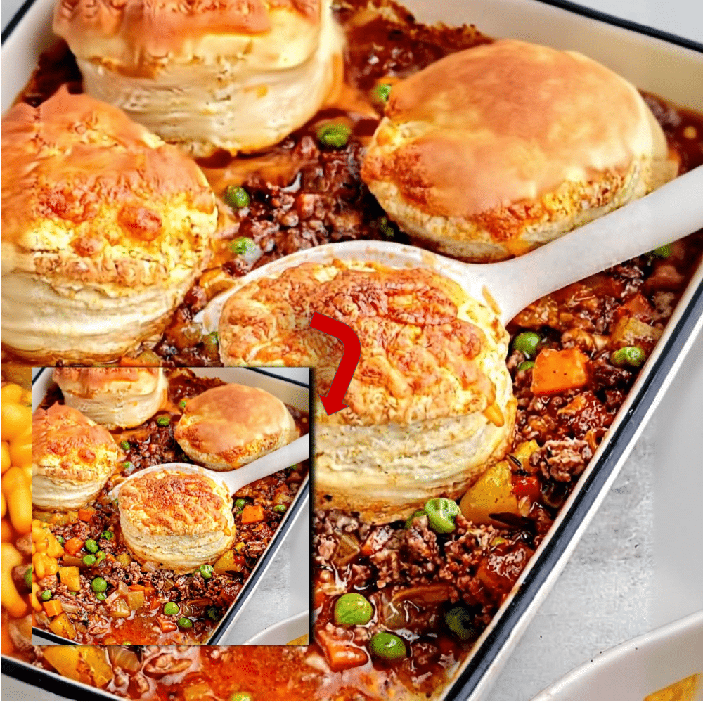 Easy Ground Beef Pot Pie with Flaky Biscuits