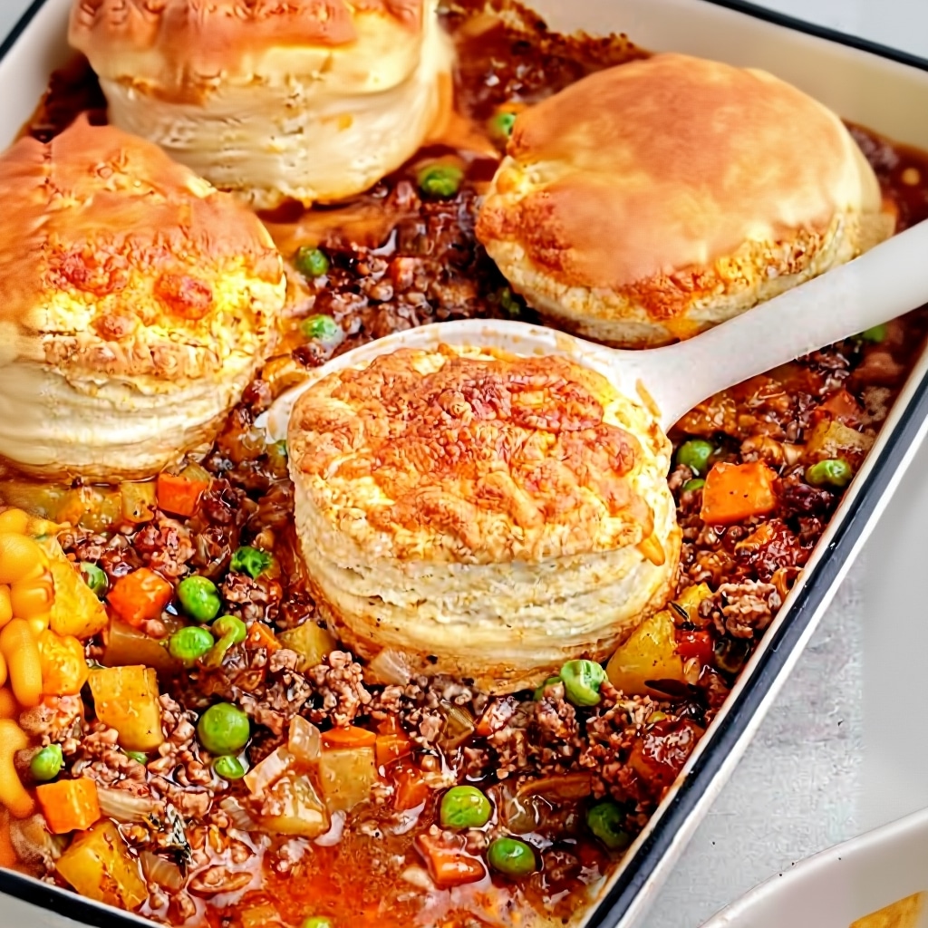 Easy Ground Beef Pot Pie with Flaky Biscuits