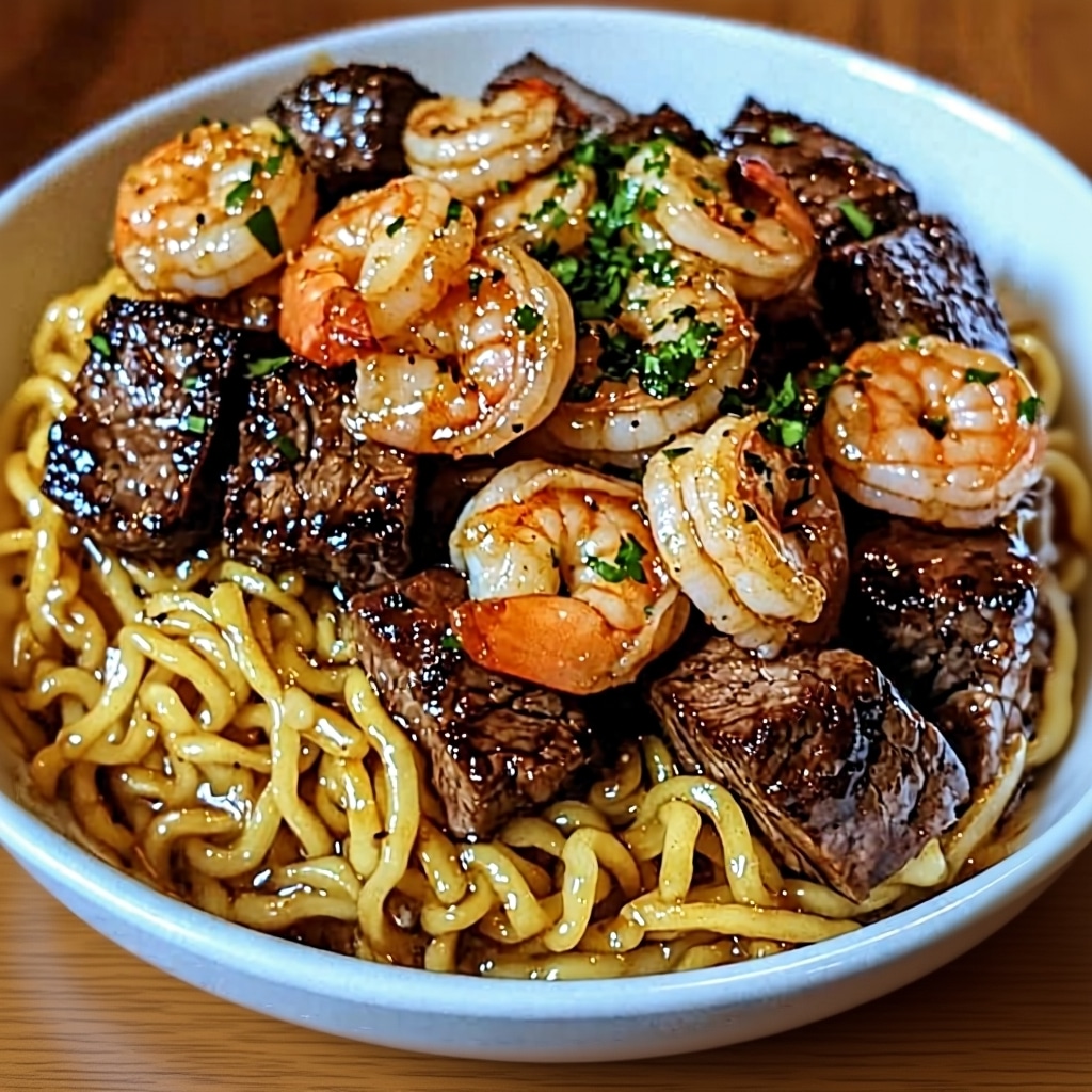 Best Surf Turf Garlic Noodles (Steak & Shrimp Recipe)