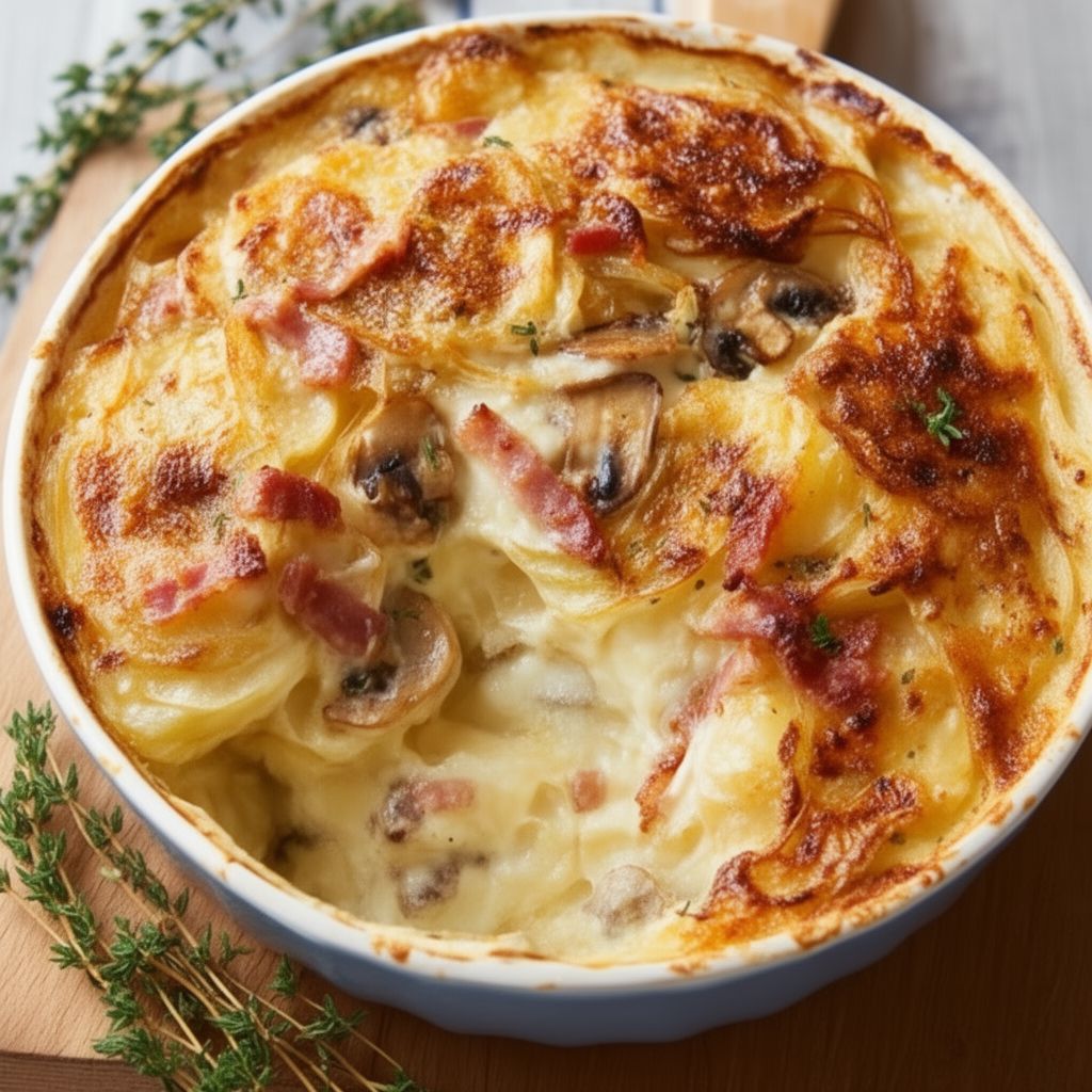 Creamy Potato Mushroom Bacon Gratin Recipe