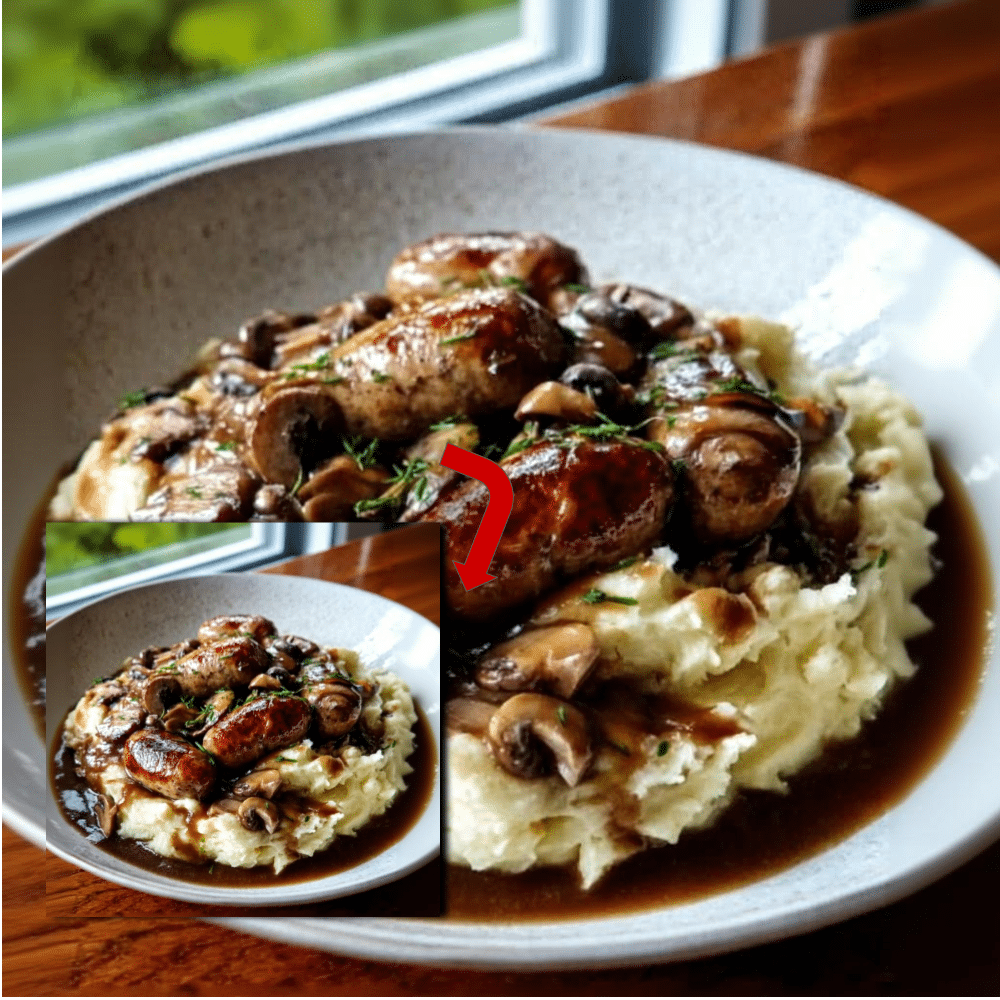 Sausages with Mushroom Gravy and Creamy Cabbage Mashed Potatoes 2 Best Sausages Mushroom Gravy Mashed Potatoes Recipe