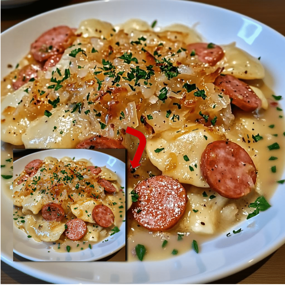 Cheesy Beef Pierogi Casserole with Caramelized Onions