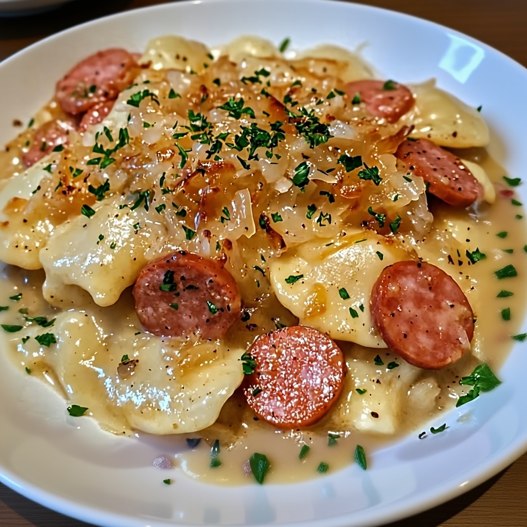 Cheesy Beef Pierogi Casserole with Caramelized Onions