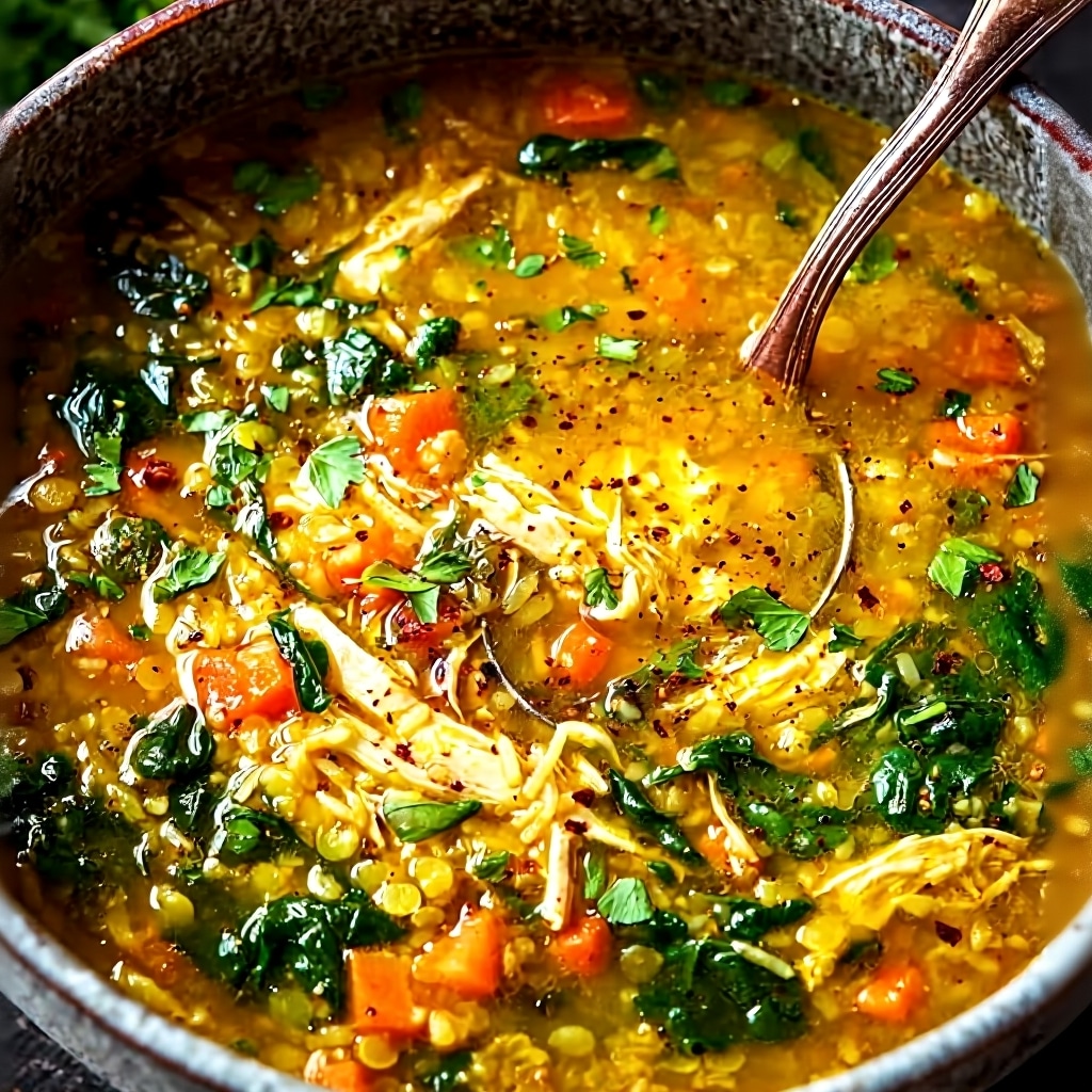Curried Chicken Lentil Soup Recipe with Rice & Spinach