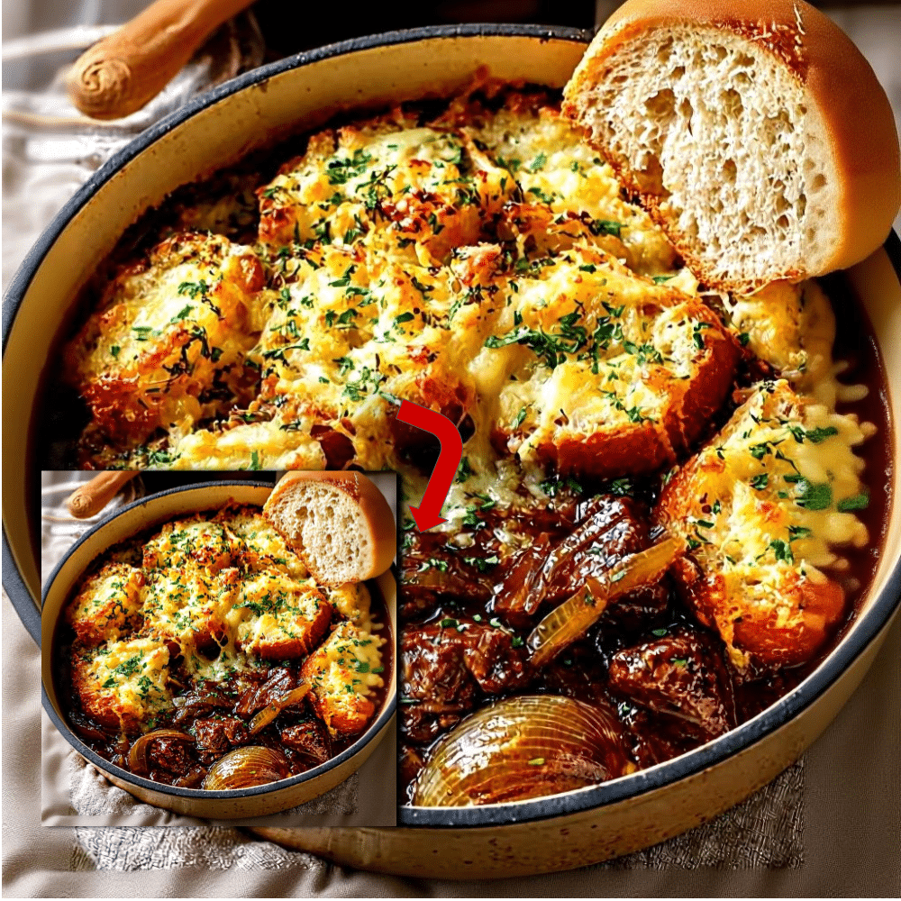 French Onion Beef Stew with Cheesy Bread Topping