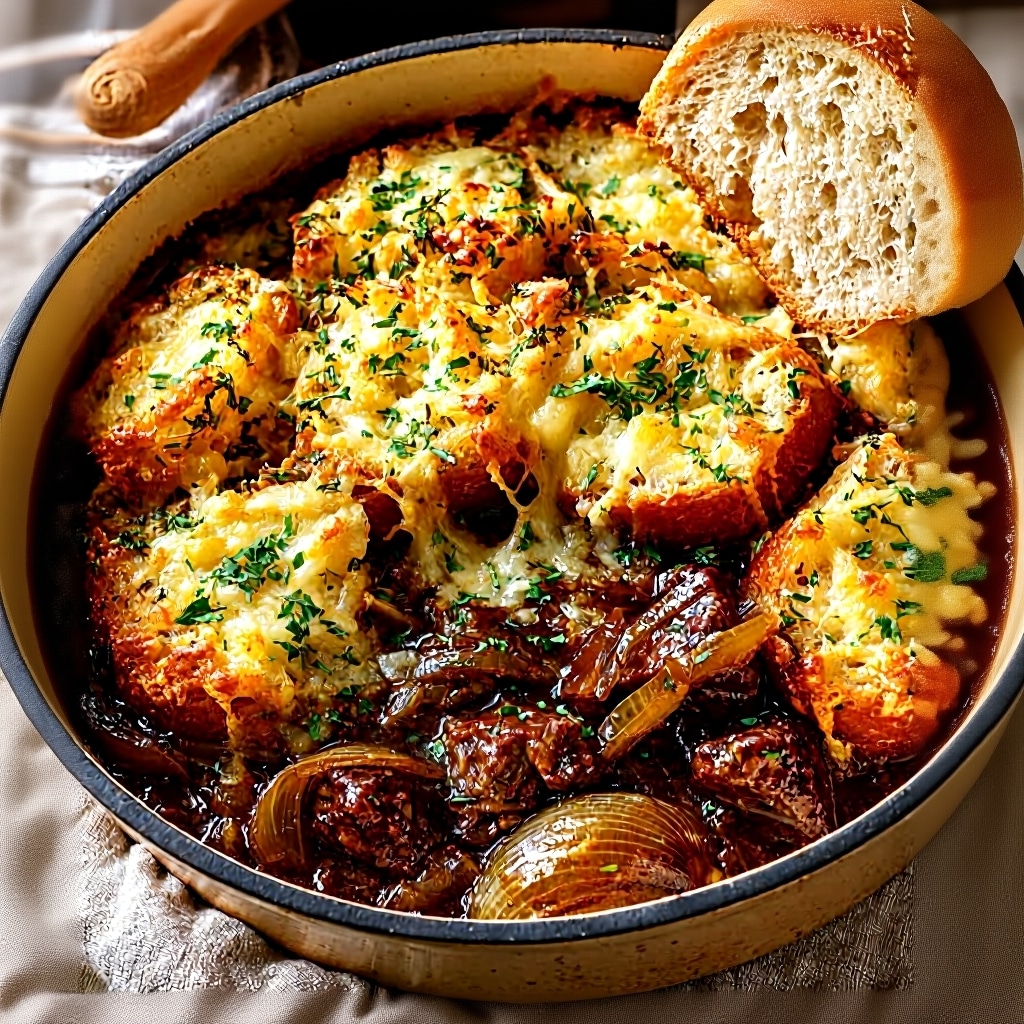 French Onion Beef Stew with Cheesy Bread Topping