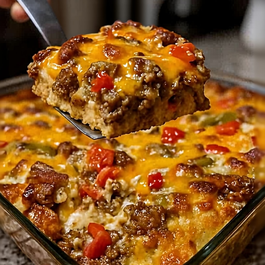 Breakfast Casserole with Sausage, Cheddar, and Bell Peppers 1 Sausage Cheddar Breakfast Casserole: Easy Potluck Recipe