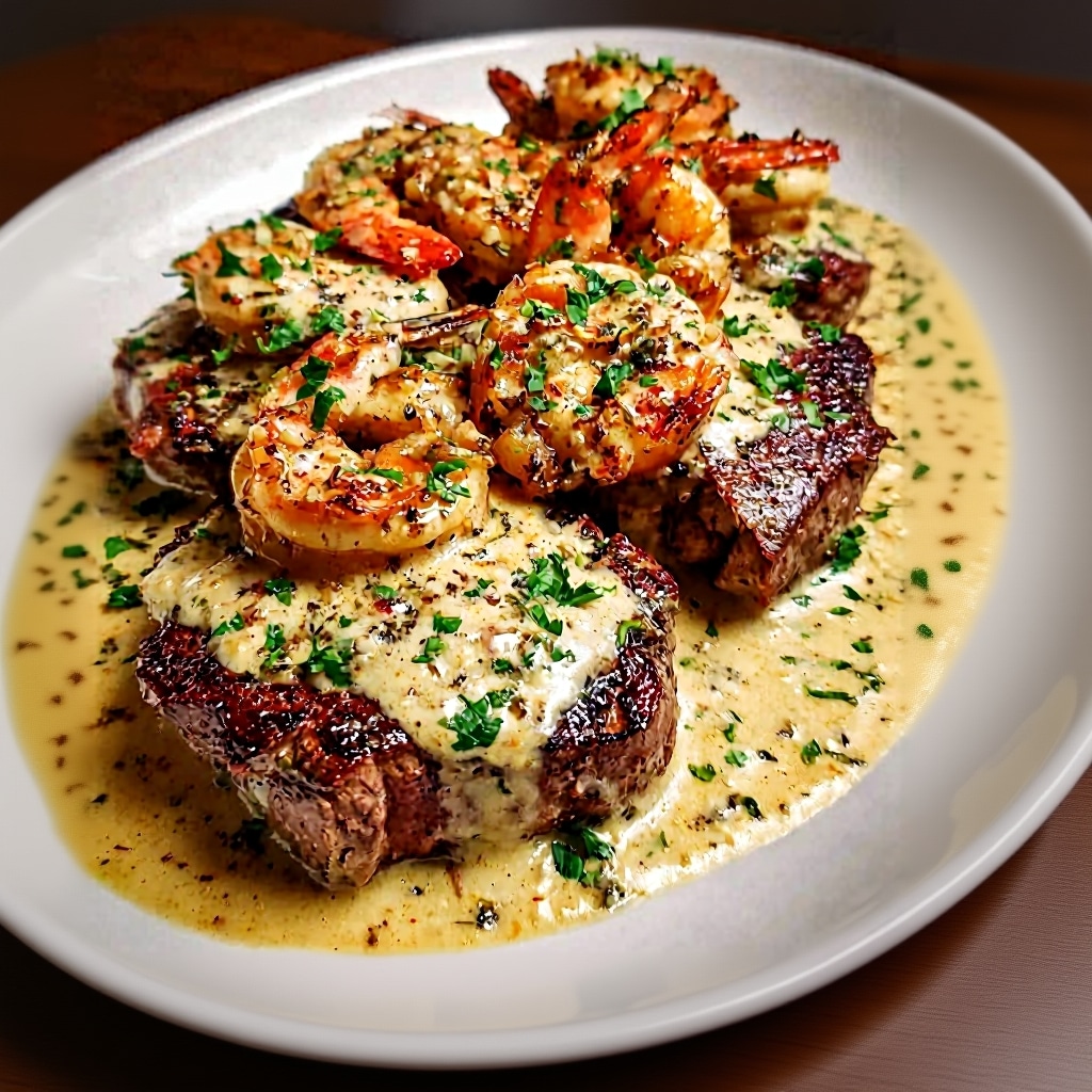Steak with Creamy Garlic Shrimp: Best Surf & Turf Recipe