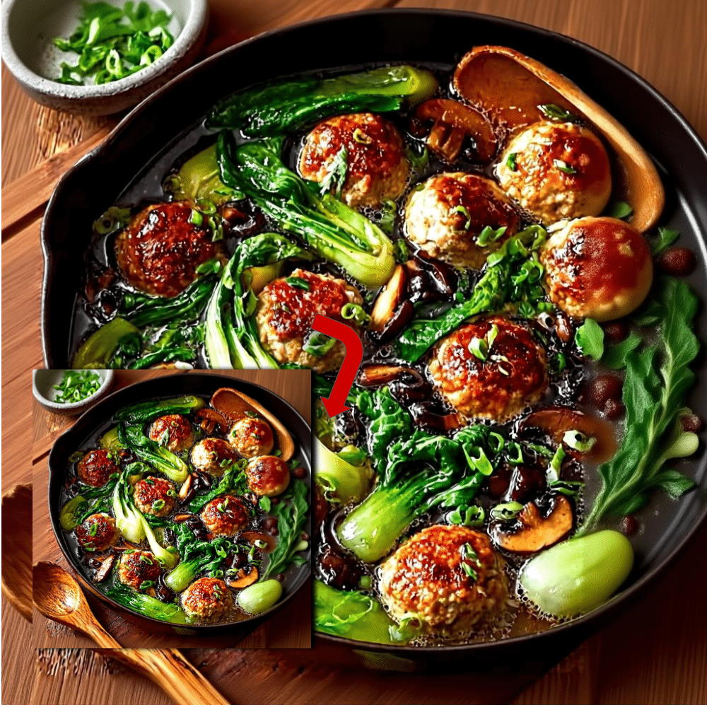 Steamed Chicken Meatballs with Bok Choy & Shiitake Mushrooms