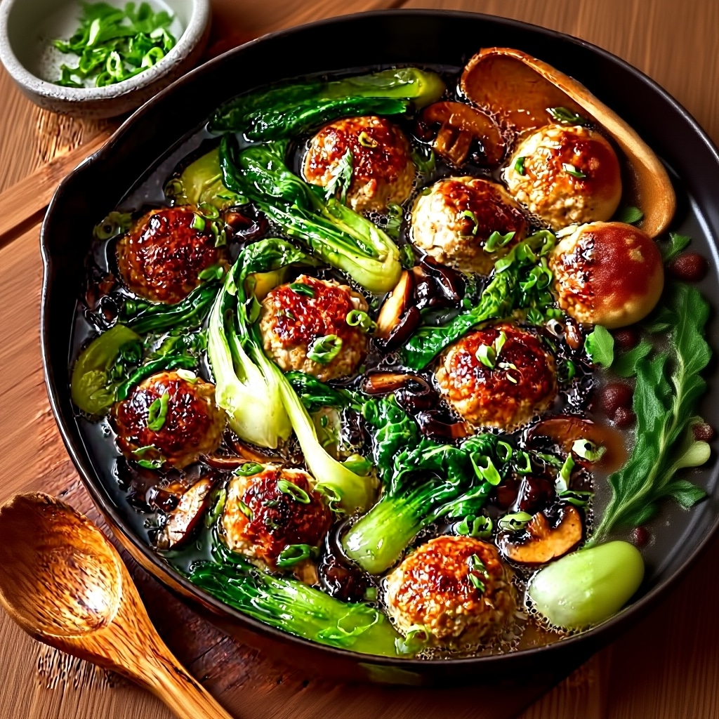 Steamed Chicken Meatballs with Bok Choy & Shiitake Mushrooms