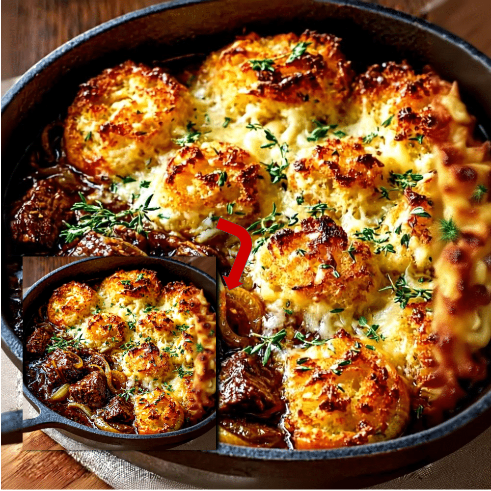 French Onion Beef Stew Recipe with Cheesy Croutons