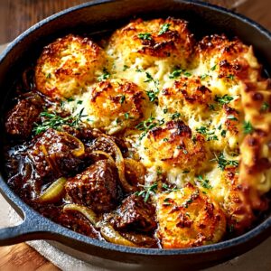 French Onion Beef Stew Recipe with Cheesy Croutons