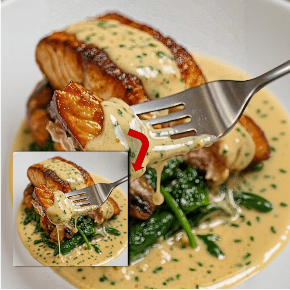 Garlic Butter Salmon with Creamy Spinach & Mushrooms