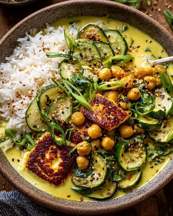 Golden Chickpea Coconut Curry with Halloumi